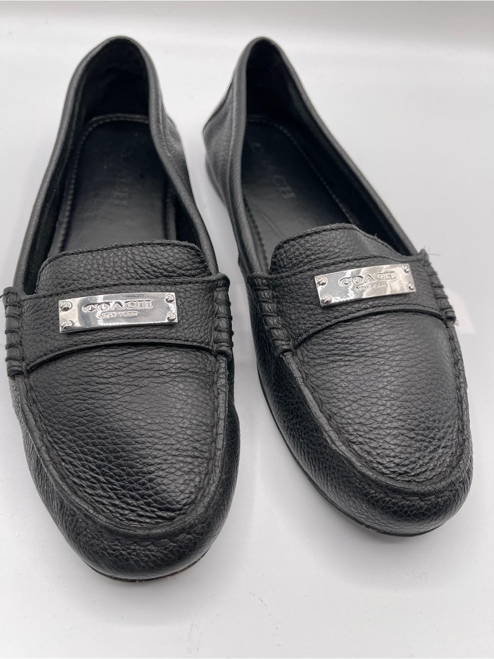 Coach Black Pebbled Leather Logo Loafers with Silver Plaque
